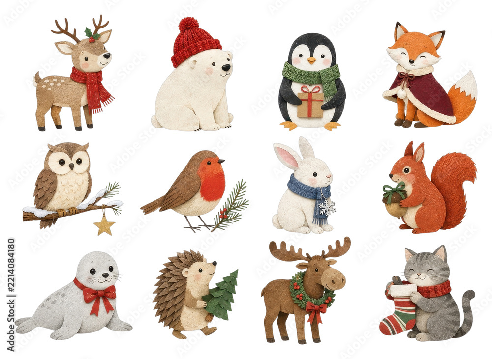 Fototapeta premium Cute woodland animals in festive outfits, PNG with transparent background.