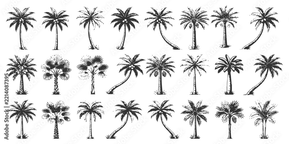 Fototapeta premium Tropical palm tree silhouettes set summer beach exotic nature elements collection vector illustration graphic design.