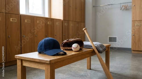 A baseball cap, baseball glove, and baseball bat on a wooden bench in a locker room.