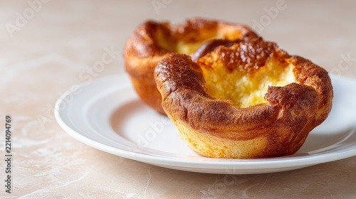 yorkshire pudding on white plate, pastel beige background
