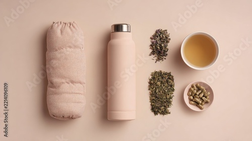 flat lay of herbal tea and hot water bottle, pastel beige background