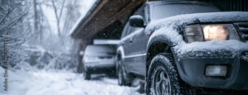 Car parked near the garage on a snowy day  