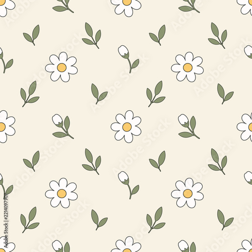 Minimal Daisy Flower Seamless Pattern with White Blossoms, Green Leaves and Soft Beige Background