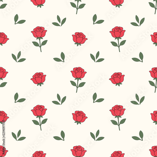 Romantic Red Rose Seamless Pattern with Green Leaves and Scattered Rose Blossoms on Beige Background