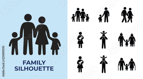 Set of black silhouettes of family groups in various poses isolated on white background