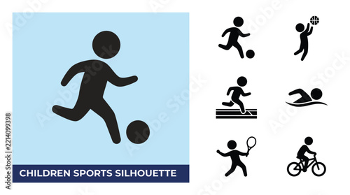 Set of black silhouettes of children playing various sports isolated on white background