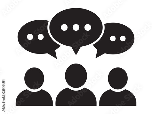 Group discussion speech bubbles with avatars icons in solid black style for social media.