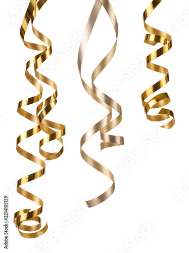 Gold curling ribbons for Christmas celebration on a isolated transparent background png