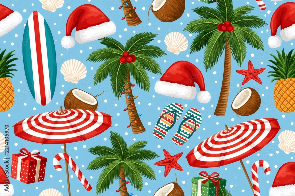 Fototapeta premium Tropical Christmas summer holiday objects seamless pattern