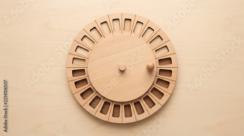 Wooden rotating learning wheel light brown with twenty-four compartments for educational development toy.