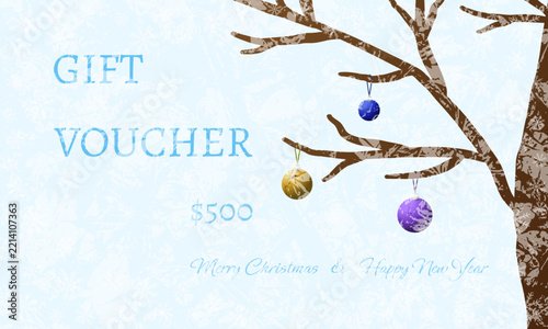 Gift voucher. Tree with Christmas ornaments, blue text, light blue background, frost effect.