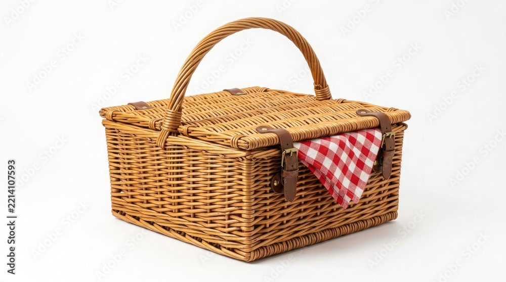 Obraz premium Classic handwoven picnic basket with a vibrant red and white checkered cloth slightly visible against a clean white backdrop