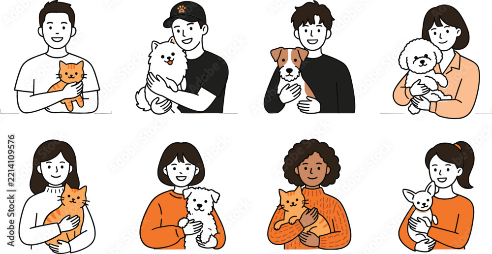 Fototapeta premium Happy pet owners hugging cute dogs and cats vector line cartoon character set collection including puppy kitten elements