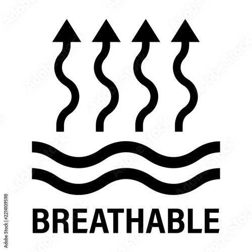 Black Breathable Fabric Icon With Wavy Lines and Upward Arrows on White Background