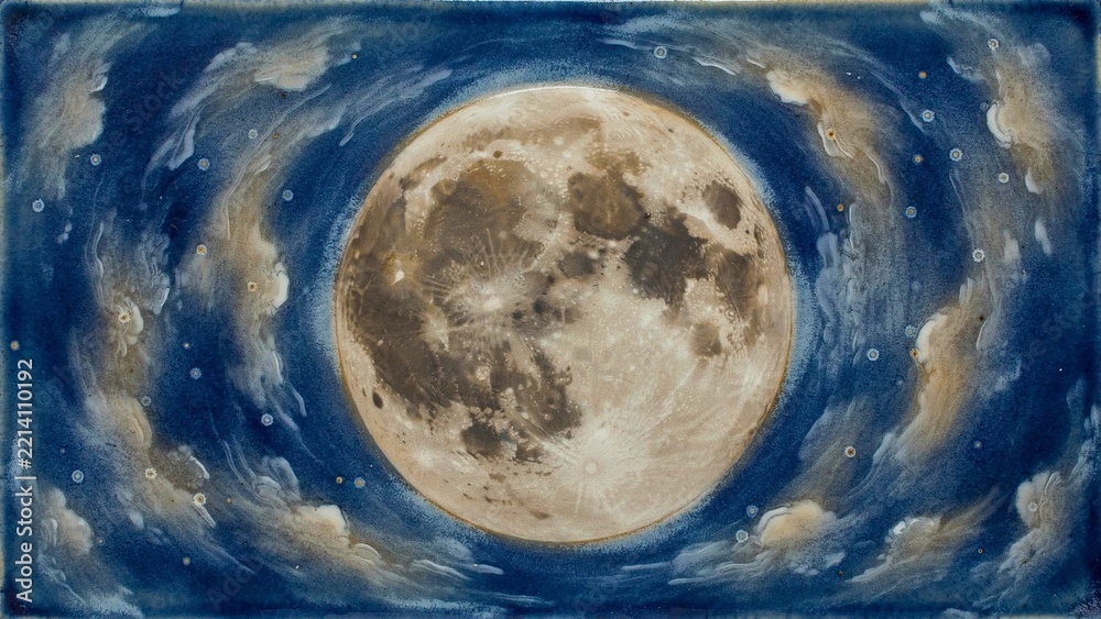 Fototapeta premium Ethereal celestial full moon background with atmospheric clouds and starry night sky