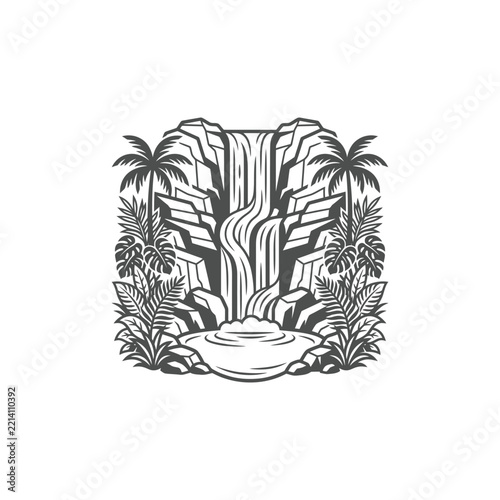 Tropical Waterfall in Rocky Jungle with Palm Trees and Exotic Foliage Line Art Illustration