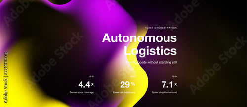 Autonomous logistics presentation. Data points highlight route coverage, idle handovers, depot turnaround improvements. Modern design, purple yellow color scheme.