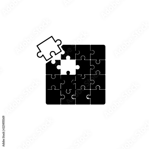 illustration of a puzzle board with the final piece floating outward in contrasting white, symbolizing innovation, solutions, and missing links.
