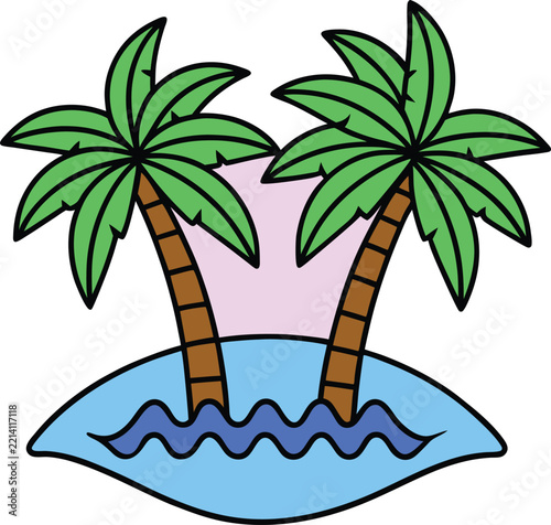 Palm Trees on Small Tropical Island with Seashore Waves