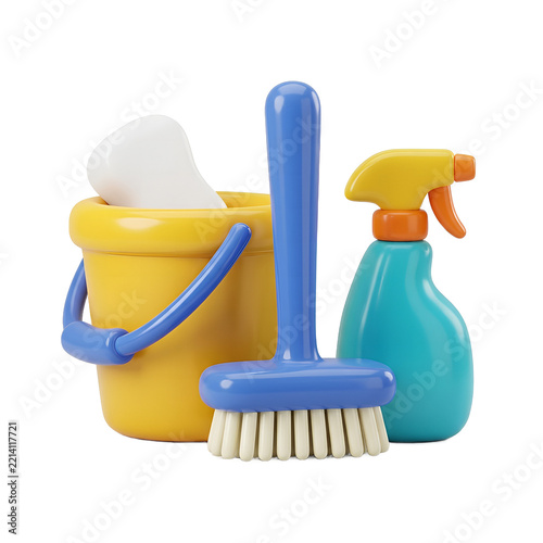3D Cartoon Style Cleaning Supplies Set with Yellow Bucket, Spray Bottle, and Scrub Brush