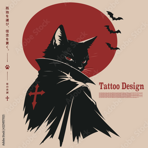 cat tattoo design with black cloak and moon background