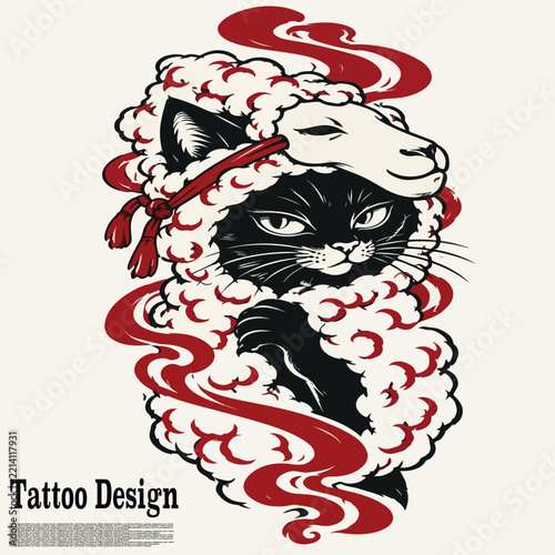 tattoo design of a kitten covered in a sheep's head