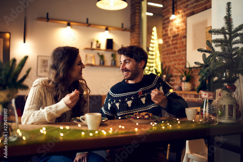 Couple on date in cafe during Christmas time