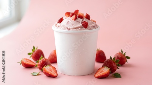 Fresh strawberry yogurt dessert in white cup with fresh berries around