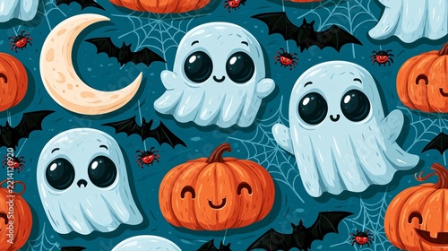 Cute halloween ghosts and pumpkins seamless pattern