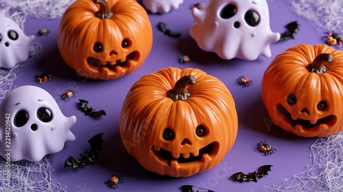 Playful halloween composition featuring smiling pumpkins and cute ghosts