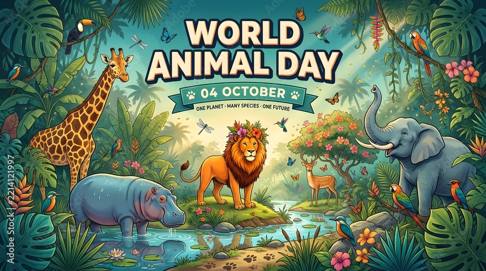 Fototapeta premium World Animal Day illustration with wild animals in a lush tropical