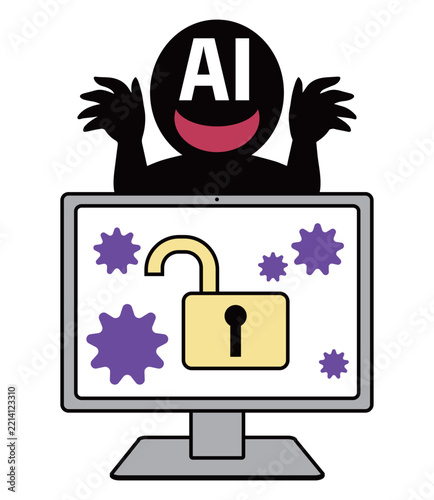 怪しいAIにハッキングされるパソコンのイメージ