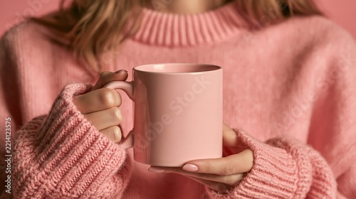 Woman holding pink mug in knitted sweater