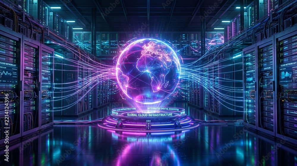 Fototapeta premium Global data connectivity platform with holographic Earth, cloud infrastructure, real-time information exchange, enterprise networking, digital transformation, scalable technology, futuristic innovatio