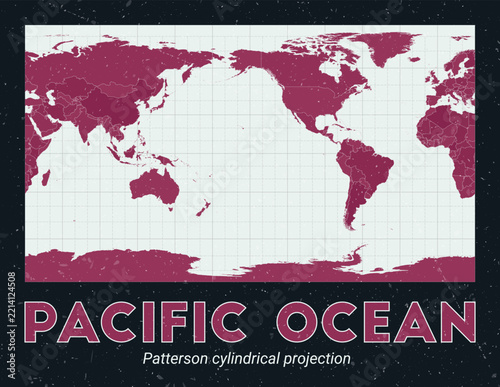 Pacific Ocean. World map. Patterson cylindrical projection centered to Pacific Ocean. Pale Mint Dark Pink palette. Vintage texture. Artistic vector illustration.
