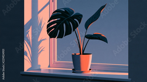 シンプルな線で描かれた窓辺の植木鉢とグリーンのベクターイラスト