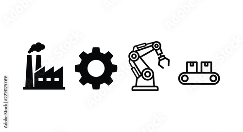 Factory gear robotic arm and bulldozer flat icons on a white background