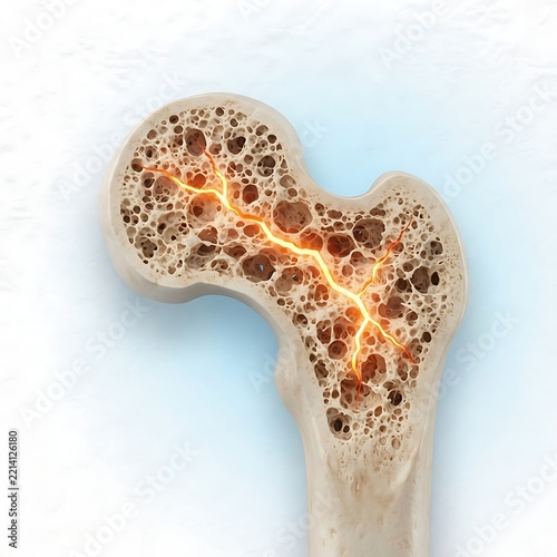 Osteoporosis bone structure with glowing nerve, medical illustration of bone health and disease.