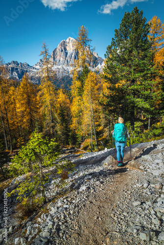 Hiker on the trail in the autumn forest in Dolomites