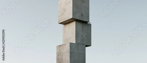 Minimalist Concrete Blocks Sculpture Against Pale Sky
