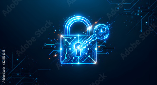 Glowing neon padlock with key unlocking keyhole on dark blue background, digital cyber security, data protection and network encryption technology concept