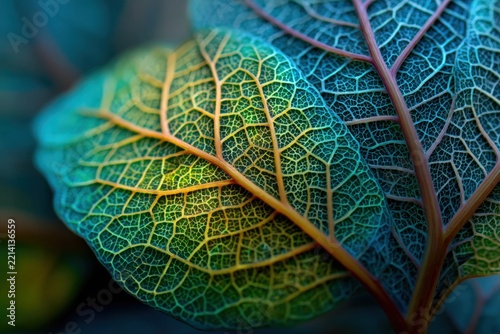 Macro close up of overlapping green and blue leaves with intricate yellow veins and reddish stems in a richly textured botanical foliage composition