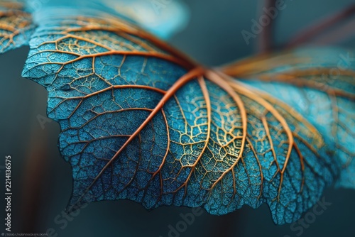 Macro view of blue leaf with intricate golden veins, curled edges, rich organic texture, and shallow depth of field in a botanical nature study