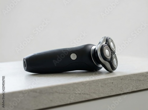 modern black electric shaver with three rotary heads lying on stone bathroom counter against plain grey wall