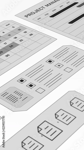Isometric perspective view of grayscale digital business dashboard tracking monthly project gantt timeline and task checklists.