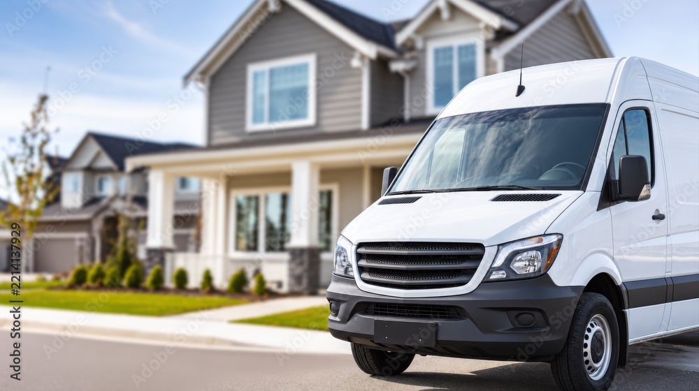 Obraz premium A modern white commercial delivery van is parked on a quiet residential street in front of a home.