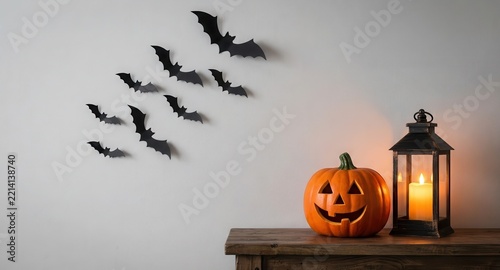 Halloween mantle decor with glowing Jack-o'-lantern pumpkin old lantern and flying bats on wall background