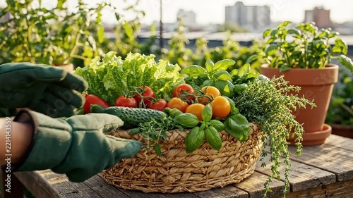 Fresh vegetables harvested from a rooftop garden