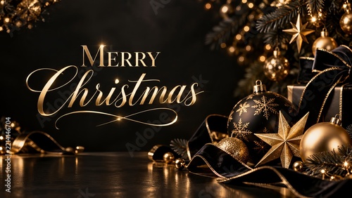 Elegant Merry Christmas Greeting With Golden Ornaments on Black Background