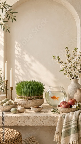Elegant Nowruz Haft Seen Table With Sabzeh and Goldfish